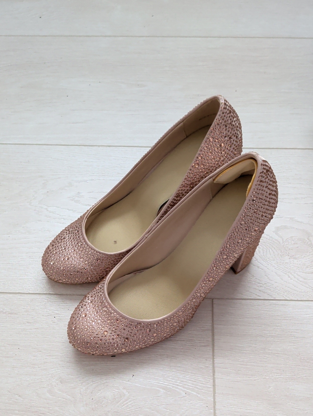 le chateau Blush Pink Crystal Block Heel Pumps